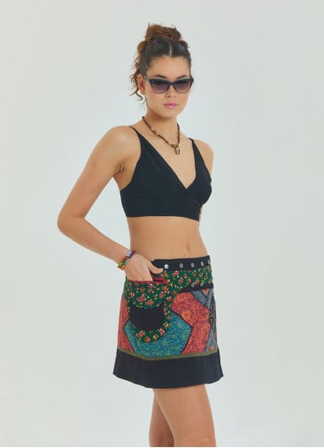 Snap Front Pocket Patchwork Wrapped Black Ethnic Skirt 4686